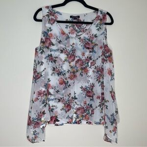 Roz & Ali | White Floral Sleeveless Chiffon Layered Blouse | Large